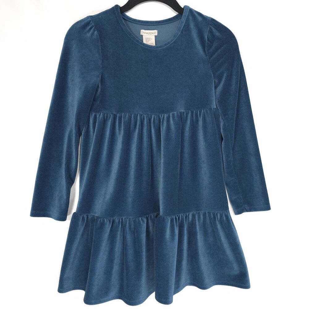 CYNTHIA ROWLEY Blue Velvet Dress Girls 7-8 Tiered Long Sleeve Knee Length Flare‎